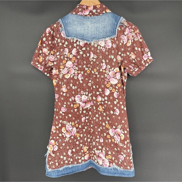Free People Women's Boho Floral Denim Trim Mini Dress 6 Brown Mixed Media Y2k - Picture 2 of 9